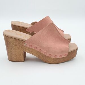 Sam Edelman Kealy Blush Pink Suede Platform Mules Wooden Block Heel size 10